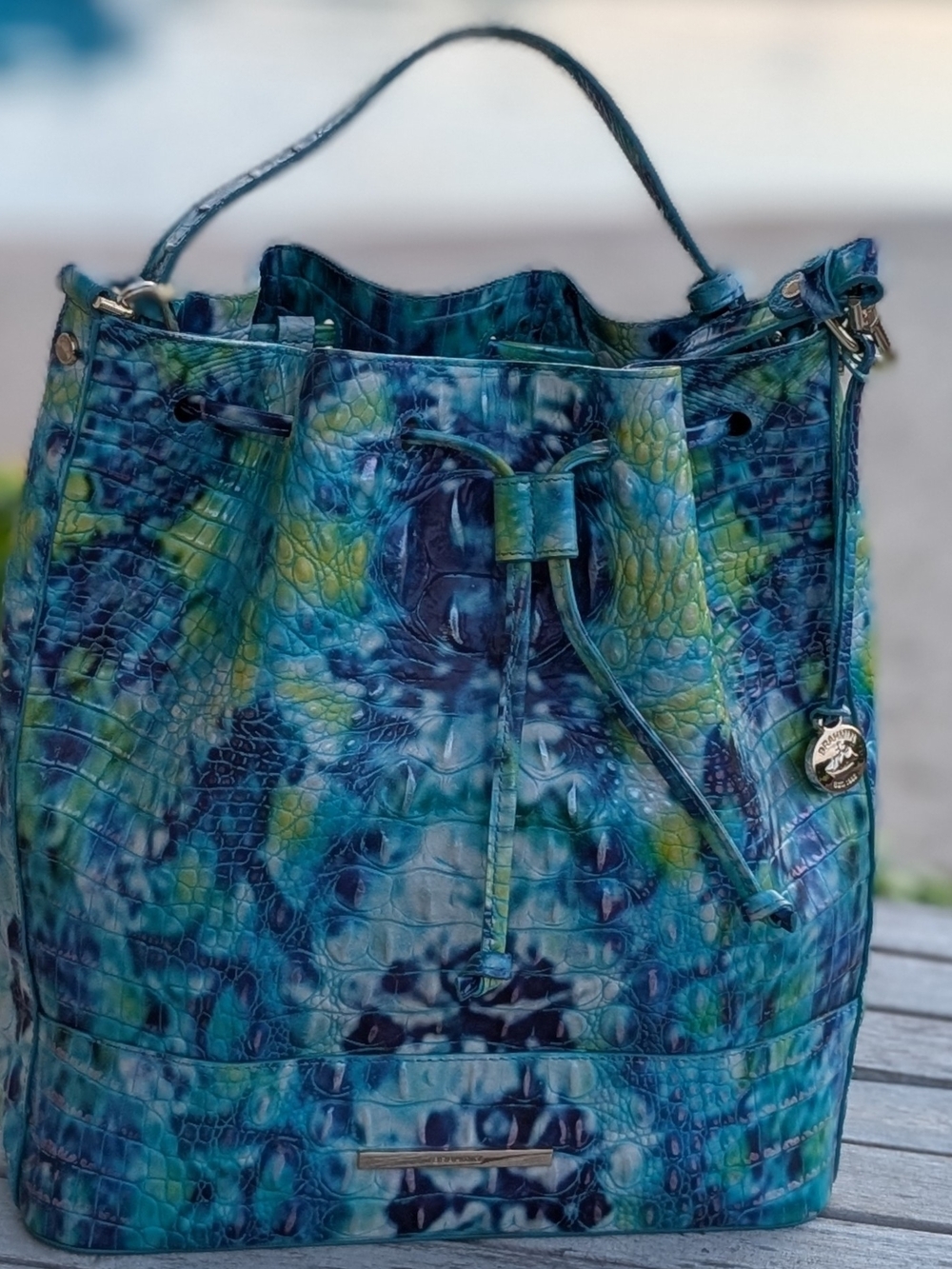 Brahmin Blue-Green Croc-Embossed Drawstring Tote Bag